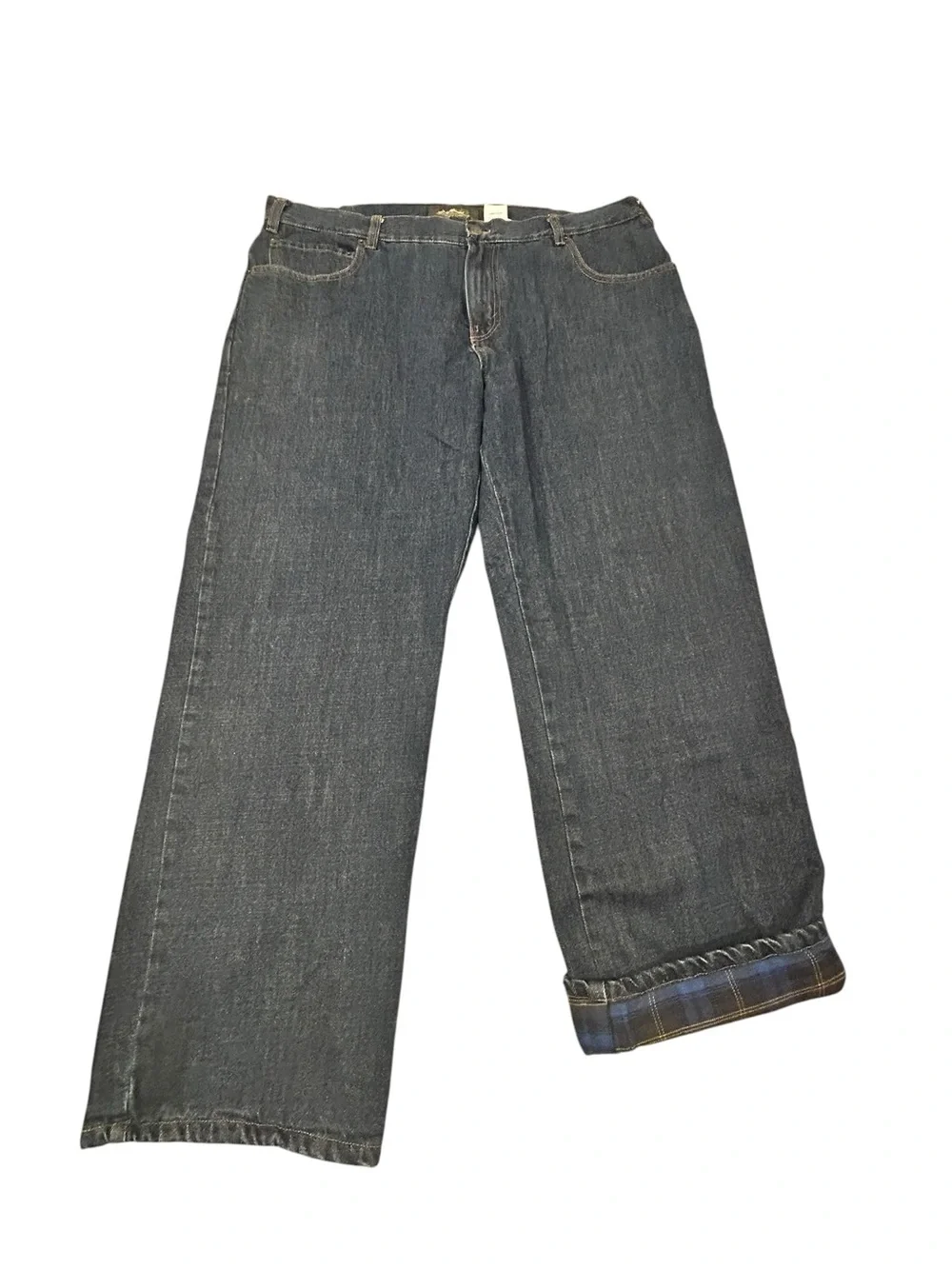 Eddie Bauer Premium Denim Relaxed Blue Plaid Flannel Lined Blue Jeans 38/30 Men